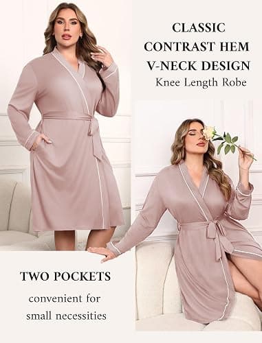 Ekouaer Plus Size Robes for Women Lightweight Bathrobe V Neck Kimono Loungewear Soft Maternity Robes with Pockets 1X-5X thumbnail 3