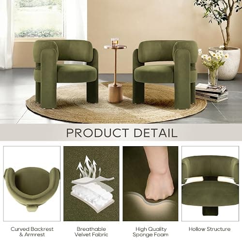 COLAMY Modern Velvet Accent Chair Set of 2, Upholstered Barrel Chairs, Comfy Side Arm Chairs with 3 Legs for Living Room, Bedroom, Reading, Green thumbnail 6