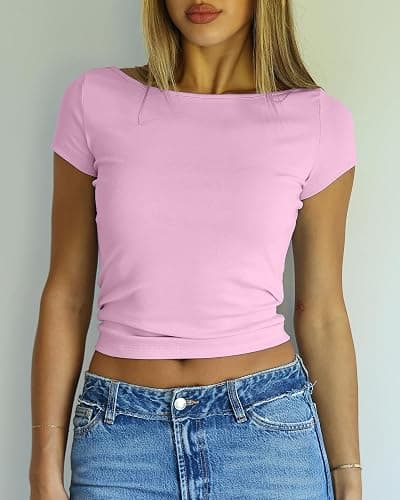Mousnipy Women's Sexy Boat Neck Short Sleeve Baby Tees Soft Cotton Summer T-Shirts thumbnail 5