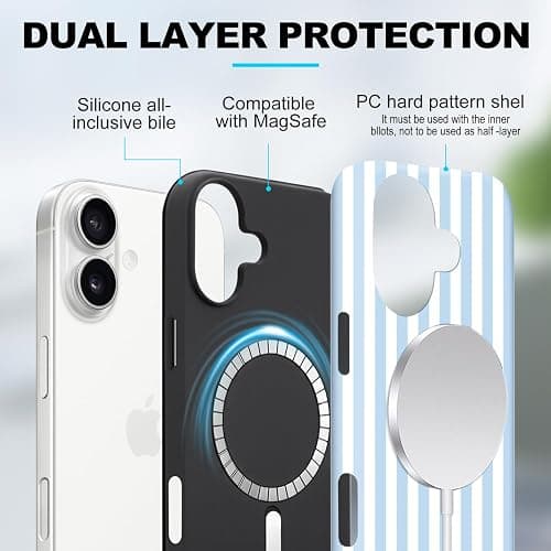 flewfun Magnetic for iPhone 16 Plus Case Cute Stripes Phone Case, Shockproof Slim TPU and Hard PC Protective Phone Cover Compatible with MagSafe Designed for Women Girls, Blue and White thumbnail 3