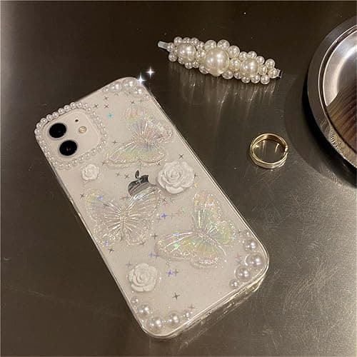 Fycyko Compatible with iPhone 14/13 Butterfly Floral Clear with Design Aesthetic Women Teen Girls Glitter Pretty Crystal Sparkle Sparkly Cute Girly Phone Cases Protective Cover+Chain-Clear thumbnail 4