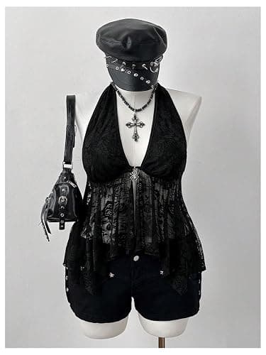 GORGLITTER Women's Plus Size Goth Lace Halter Tops Y2k Backless Sheer Ruffle Top Grunge Clothes thumbnail 5