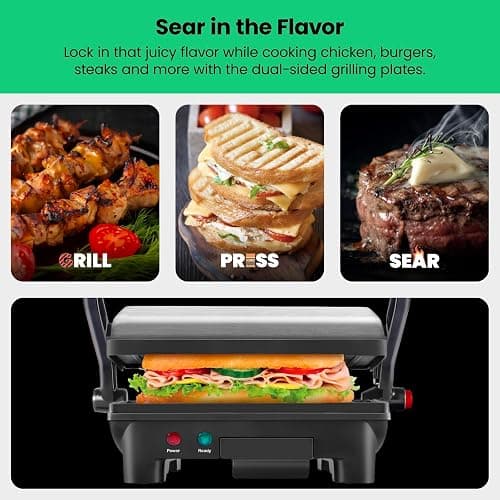 Chefman Electric Panini Press Grill and Gourmet Sandwich Maker w/ Non-Stick Coated Plates, Opens 180 Degrees to Fit Any Type or Size Food, Dishwasher Safe Removable Drip Tray, Stainless Steel/Black thumbnail 6