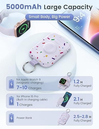 RORRY Portable Charger, 5000mAh Portable Charger Power Bank with Built-in Cables, Travel Keychain Battery Pack for Apple Watch Ultra/11/10/9/8/7/6/SE, iPhone Air/17/16/15/14/13/12, Confetti-Purple thumbnail 3