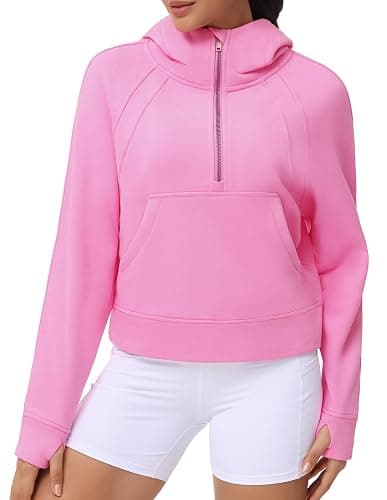 THE GYM PEOPLE Womens' Hoodies Half Zip Long Sleeve Fleece Crop Pullover Sweatshirts with Pockets Thumb Hole thumbnail 2