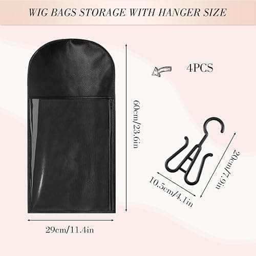 4 Pack Wig Storage Bags with Hanger, 24 Inch, Black | Dust-proof non-woven bags, clear window, wig-safe hanger, closet or travel storage thumbnail 3