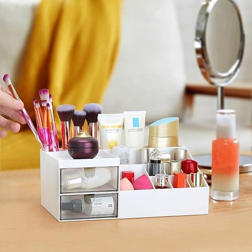 LETURE Desk Organizer, Cosmetic Makeup Vanity Organizer Box, Bathroom Counter Makeup Storage for Eyeshadows, Skin Care, Concealers, Powders, Nail Polish (White) thumbnail 6