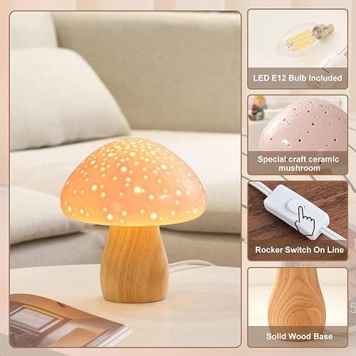 BOHON Mushroom Lamp, Ceramic Bedside Table Lamp for Bedroom Nightstand, Vintage Cute Night Light, Small Lamp for Living Room Kids Desk Home Decor Girls, LED Bulb Included, Pink thumbnail 5