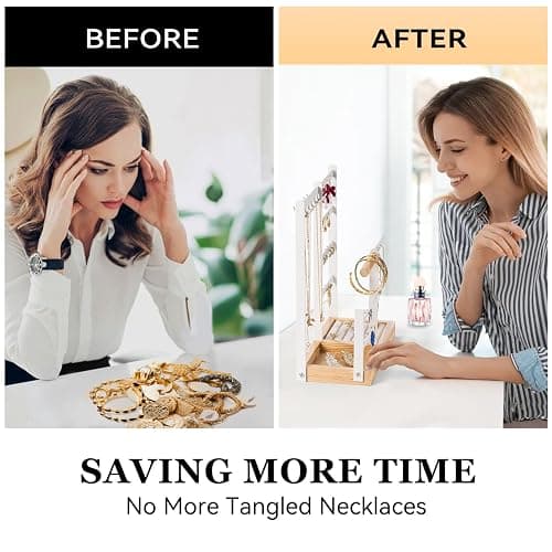DreamGenius Jewelry Organizer Stand with Velvet Ring Holder, 4 Tier Jewelry Holder Organizer with 11 Hooks for Necklaces and 132 Holes for Earrings, White thumbnail 5