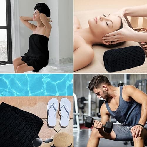 HOMEXCEL Waffle Bath Towels Set 4 Pack, Premium Microfiber Bathroom Towels, Lightweight, Highly Absorbent and Quick Dry Towel for Bathroom, Gym, Shower, Hotel, and Spa, 30 x 60 Inch, Black thumbnail 7