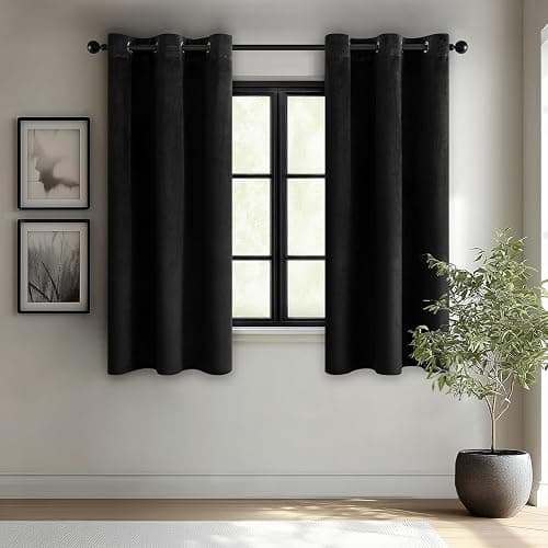 ANRODUO Black Velvet Curtains 45 Inches Long Blackout Thermal Insulated Soundproof Curtain Privacy Room Darkening Curtains Grommet Window Drapes for Bedroom Living Room 42 x 45 Inch Set of 2 - Image 1