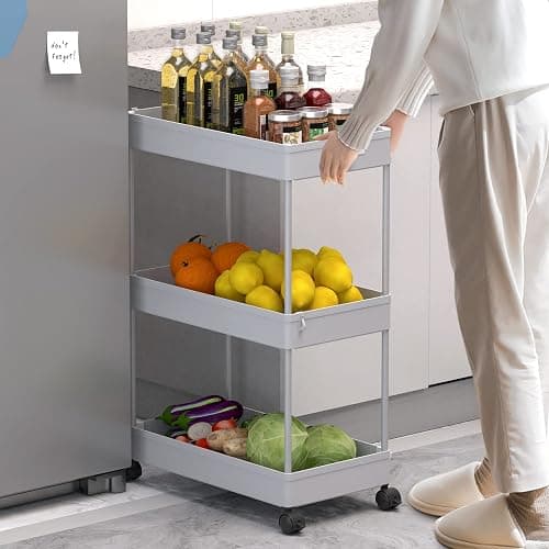 SPACELEAD 3 Tier Rolling Cart with Wheels, Storage Craft Art Trolley Organizer Serving, 3 Hanging Baskets Easy Assembly, for Office, Living Room, Kitchen, Gray thumbnail 5