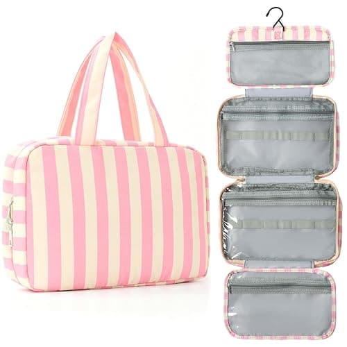 Apxouans Toiletry Bag for Women Travel Water-resistant Cosmetic Bag Fashion Stripes Makeup Bag with Hanging Hook Preppy for Store Toiletries Cosmetic Accessories Medium Pink - Image 1