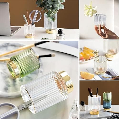 dasiton makeup brush holder organizer,crystal cosmetic makeup brush glass brushes storage holder, vintage make up brush cup pen pencil holder striped vase(clear s+l) thumbnail 4