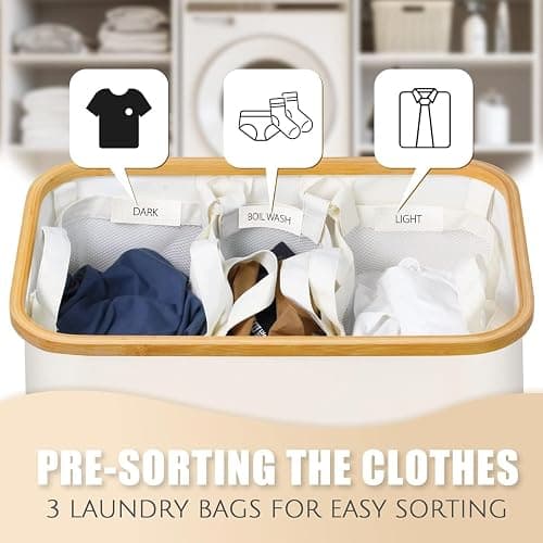Hampers for Laundry Basket with Lid, 145L Large Laundry Hamper 3 Section | Dirty Clothes Hamper Separator with 3 Removable Bags & 5 Labels, Divided Laundry Organizer for Bedroom, Laundry Room, Beige thumbnail 4