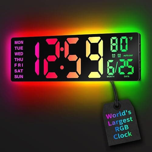EASYERA 16.5" Large Digital Wall Clock with BT Sync, RGB Lights with 11 Scenes Mode Remote Control, Dual Alarms with Big LED Display, Auto DST, Temperature for Classroom Gaming - Image 1