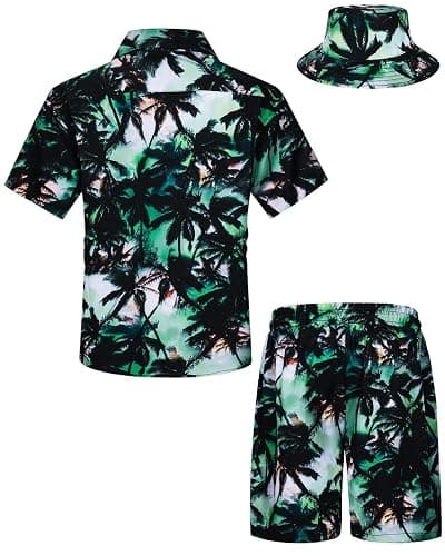 TUNEVUSE Little & Big Boys Hawaiian Button Down Shirts and Short Sets with Bucket Hat Summer Outfits Printed Kids Cabana Set thumbnail 2