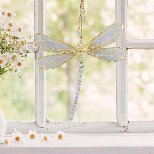 Suncatcher - Décoration de fenêtre - Cristaux de verre - Décoration de fenêtre - En forme de pétales de soleil - Décoration en cristal - Arc-en-ciel - À suspendre - Pour jardin (libellule) thumbnail 2