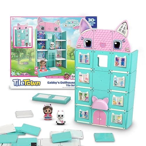 Tile Town Gabby’s Dollhouse 35-Piece Magnetic Tile Playset, Interactive STEM Magnetic Tiles Toys, Includes Gabby & Pandy Paws Figures, Action Tiles - Image 1