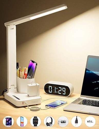 COZOO LED Desk Lamp with 2 USB Charging Ports,Type C Port,1 AC Outlet,2 Pen Holders,3 Color Temperature 3 Brightness Level,Touch/Memory/Timer,10W Eye Protection Foldable Reading Light,Study Lamp-White - White 2.0 with pen holders thumbnail 10