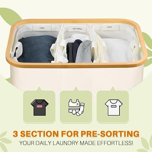 Laundry Hamper 3 Section, 145L Dirty Clothes Hamper with Lid, Extra Large Laundry Basket Organizer with Removable Inner Bags & Labels for Laundry Room, Bedroom, Beige - 145L - Beige thumbnail 4