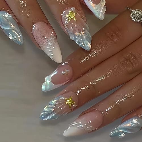 HOSAILY 3D Summer Beach Press on Nails Medium Almond, Blue White Ombre Shell Star Pearl Designs Semi-Handmade Full Cover Stick on Nails Gift for Women, 24Pcs Glossy Reusable Fake False Nails with Glue thumbnail 7