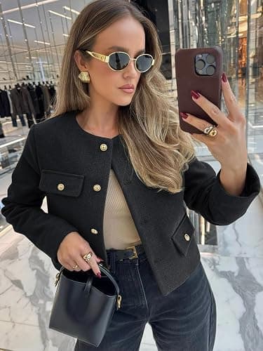 Cicy Bell Womens Cropped Tweed Blazers Jacket Collarless Button Down Coats | Business, Dressy, Casual, Trendy, Work, Office, Fall, Winter, Spring, Fashion thumbnail 2