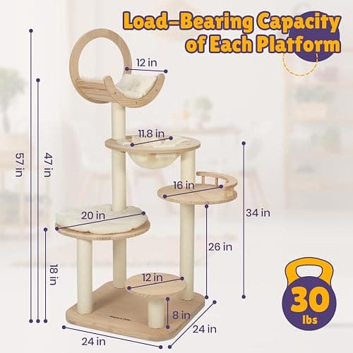 Happy&Polly Solid Wood Cat Tree - 56.3" Multi-Leve Building Block Cat Tower with Cozy Hammock, Sisal Scratching Posts, Padded Platform, 4 Install Modes, Large Cat Activity Center for Indoor Cats - Hammock Style - 56.3IN thumbnail 4