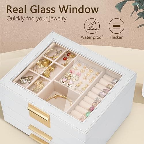 JBAOWEI 3-Layer Jewelry Box for Women, Jewelry Organizer with Glass Lid and Drawers, Jewelry Organizers and Storage for Necklaces, Rings, Earrings, Bracelets - White/Green/Black. thumbnail 6