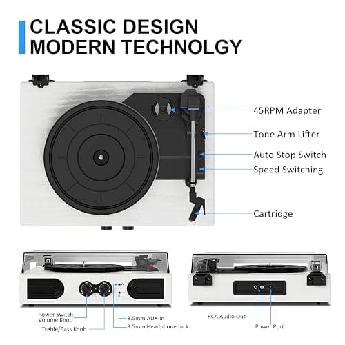 VinylsLink Vinyl Record Player with Built-in Stereo Speakers and Bass Adjust, Portable Vintage 3-Speed Belt-Driven, Bluetooth Input, RCA Line Out AUX in Headphone Jack, White Wood thumbnail 4