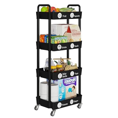 Laiensia 4-Tier Rolling Cart with Wheels,Multifunction Utility Storage Carts, Kitchen Storage Organizer,Mobile Shelving Unit for Bathroom,Laundry,with Classified Stickers,Black thumbnail 4
