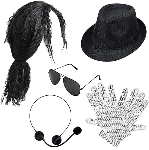 Matiniy 80s Pop Rockstar Dance Costume Accessories,Balck Curly Wig Sequins Gloves Sunglasses MJ Performance Costume Kit - Image 1