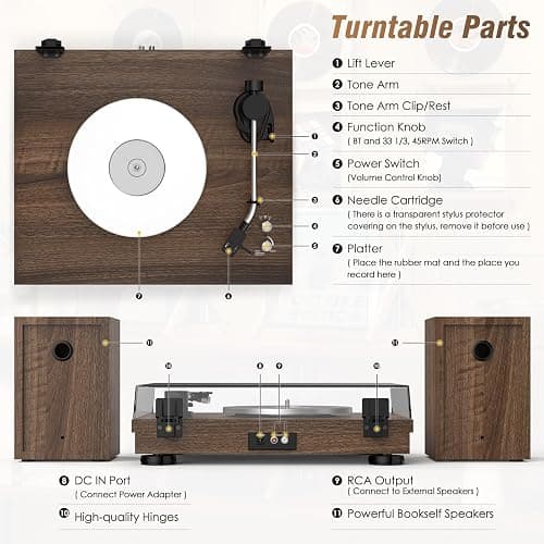 Vinyl Record Player with 24W HiFi Stereo Speakers Vintage Bluetooth Turnable for Vinyl Records with Belt Drive 2-Speed, Magnetic Cartridge RCA Output BT5.3 thumbnail 7