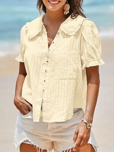 Tankaneo Womens Peter Pan Collar Shirts Puff Sleeve Button Down Cotton Blouse Casual Summer Textured Tops thumbnail 3