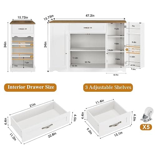 HOSTACK Kitchen Island Cart with Storage, 47'' Kitchen Storage Island on Wheels with 2 Drawers, Rolling Island Table with Adjustable Shelves, Mobile Buffet Sideboard Cabinet for Dining Room, White thumbnail 3