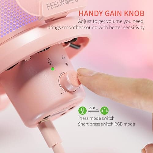 FEELWORLD VM1 Pink USB Gaming Condenser Microphone for pc, Boom Arm Stand | Noise Cancellation, Mute, RGB Light, Gaming Equipemnt, for Gifts YouTube Twitch Podcast Streaming Recording thumbnail 3