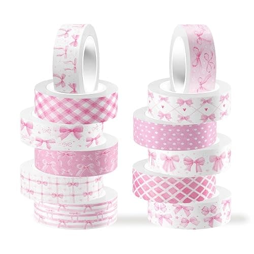 Resflyar 12 Rolls Pink Bow Washi Tape, Bowknot Plaid Adhesive Masking Tapes Decorative Pink Coquette Paper Tape for Scrapbook Journal Planners DIY Art Crafts Gift Wrapping 16.4FT - Image 1