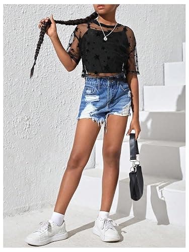 BEAUDRM Girl's 2 Piece Set Star Graphic Sheer Mesh Shirt Crew Neck Short Sleeve Crop Top with Camisole thumbnail 3