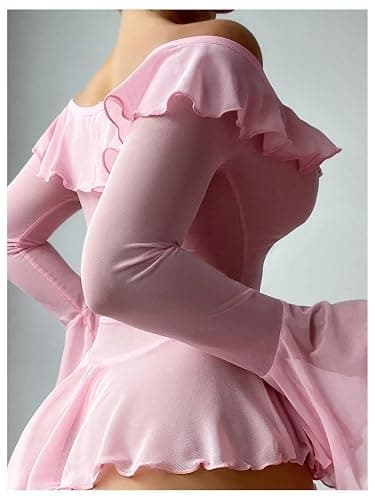 OYOANGLE Women's 2 Piece Off Shoulder Long Sleeve Ruffle Mesh Sheer Nightgowns with Thongs Babydoll Lingerie Set thumbnail 2
