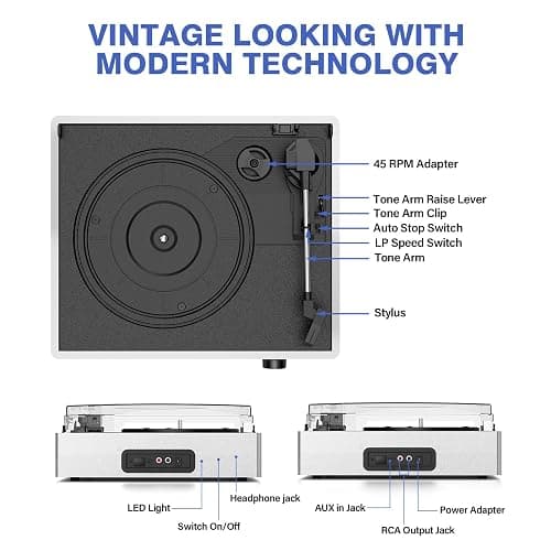Vinyl Record Player with 2 Stereo Speakers Belt-Driven Vintage Turntables 3 Speed 3 Size Wireless Bluetooth Playback AUX-in RCA Out Headphone LP Vinyl Players Auto Stop Pale Silver thumbnail 2