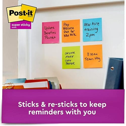 Post-it Super Sticky Notes, Assorted Bright Colors, 3x3 in, 15 Pads/Pack, 45 Sheets/Pad, 2X The Sticking Power, Recyclable, Multi-Color thumbnail 4