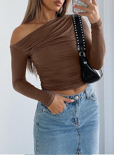 Darong Women's Casual Long Sleeve Boat Neck Off Shoulder Slim Fit Crop Top Going Out Blouses Y2K Tight Shirts thumbnail 3