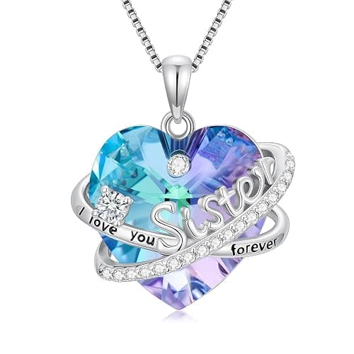 OCJ Sisters Gifts from Sister Heart Birthstone Necklace Sterling Silver Sister Necklaces with Crystal Graduation Birthday Jewelry Gift for Sisters Women Friend Female Friendship Lasts Forever - Image 1