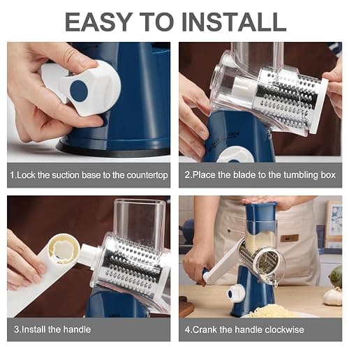 Cambom Rotary Cheese Grater Hand Crank Cheese Shredder for Fresh Cheese, Vegetable, Nuts, Non-slip Suction Base,Five Blades, Deep Blue thumbnail 9