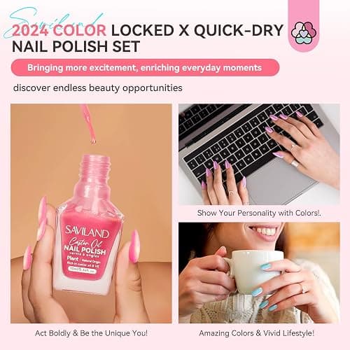 SAVILAND 6pcs Ombre Nail Polish Sets: Charm Pink Blue Gold Purple Pearl Summer Fingernail Polish Colors Air Quick Dry Nail Polish Plant-base Castor Oil Natural Nail Lacquer Women Home Manicure DIY thumbnail 7