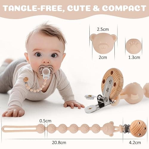 EARLY MINDS 3er-Pack Schnullerketten Aus Silikon, Einteiliges Design Schnullerkette für Baby, Schnullerkette Silikon für Mädchen & Jungen, BPA-frei, Elastisch und Robust (Creme Sand Hellgrau) thumbnail 2