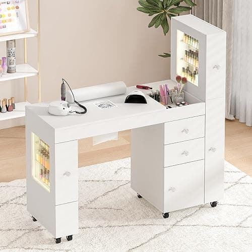Manicure Table for Nail Tech w/ LED Light Display Cabinet, Nail Desk with Lockable Wheels, Dust Collector, Drawers, Wrist Rest, Acetone-Resistant, for Beauty Salon, Spa & Home Workstation (White) thumbnail 8