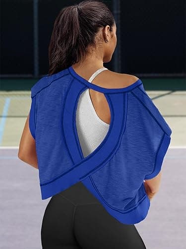 Panadila Womens Open Back Workout Top Oversized Workout T Shirts Backless Athletic Shirt Short Sleeve Baby Tee thumbnail 5
