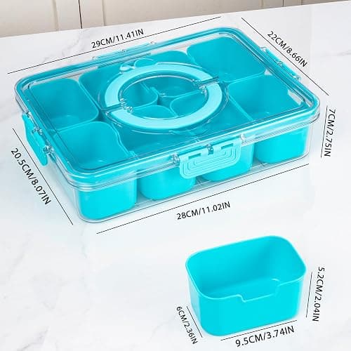 WACOI Divided Snack Serving Tray with Lid and Handle Travel Snackle Charcuterie Container Portable Storage Organizer for Candy, Fruits, Nuts, Snacks, Party, Picnic (1pack, Lake blue) thumbnail 3
