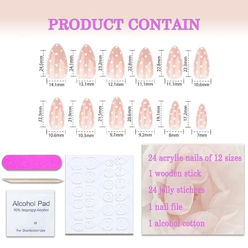 White Polka Dot Press on Nails Almond Fake Nails with Designs Medium Artificial Nails Glossy Cute False Nail Natural Gel Acrylic Glue on Nail Cute Stick on Fingernails for Women Girls 24Pcs thumbnail 4
